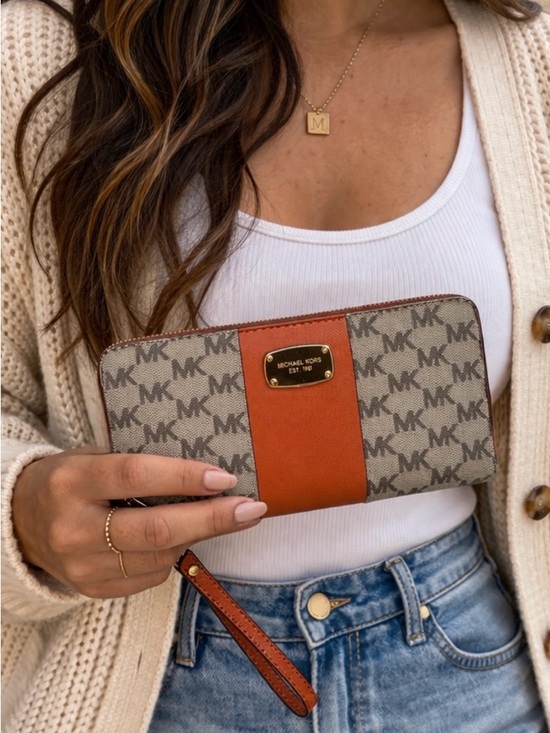 Michael Kors Handbags - Michael Kors Signature MK Zip Around Wallet with Orange Stripe